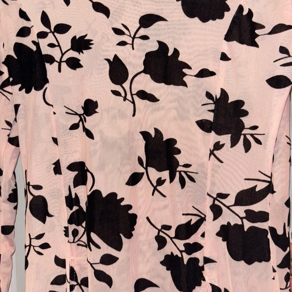 CBR SHEER DRESS MED. PINK W  BLACK FLORAL MIDI THIGH HIGH SLITS  HIGHCOLLAR NECK - Picture 7 of 14